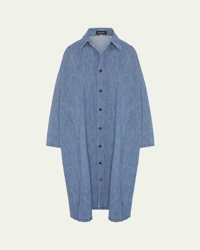 Denim Wide A-Line Back-Pleat Shirtdress With Collar